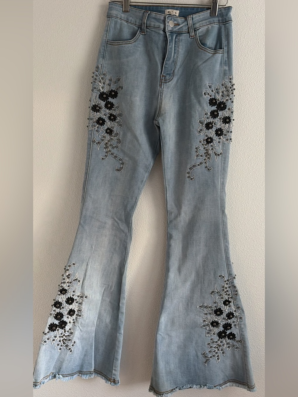 POL Light Blue Flare Jeans with Black Floral Embellishment